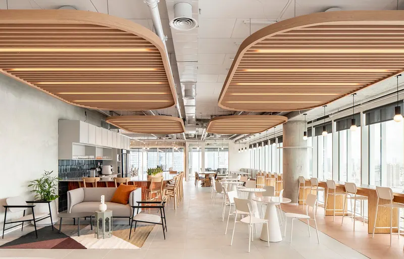 Beam acoustic panel in a styled interior